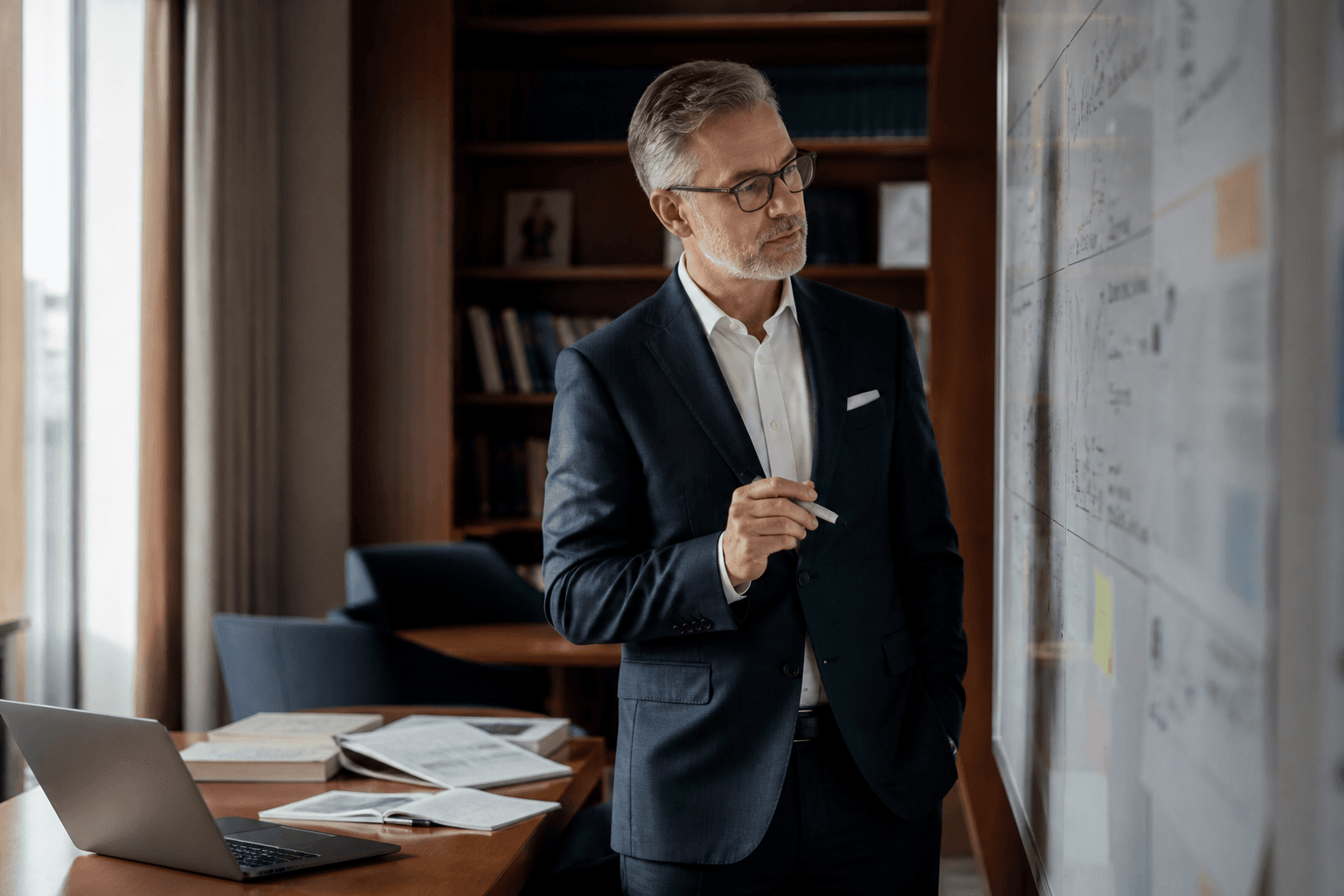 DBA candidate reviewing applied doctoral research in an executive suite