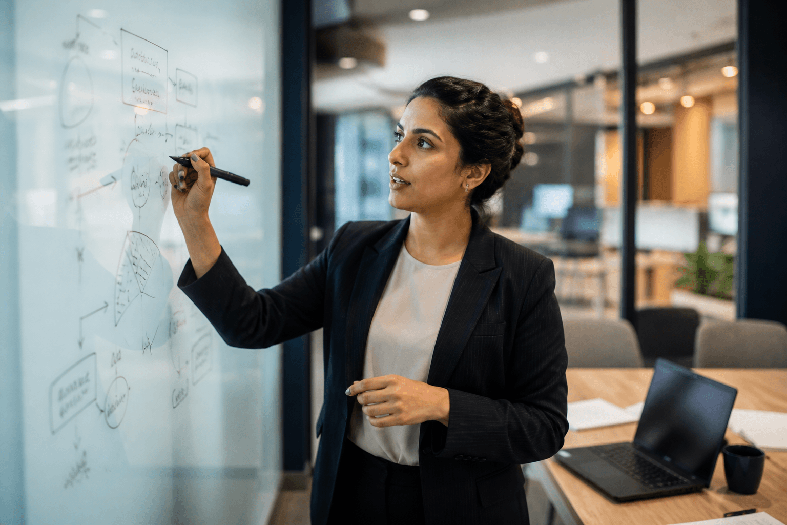 MBA student presenting strategy frameworks on a glass whiteboard